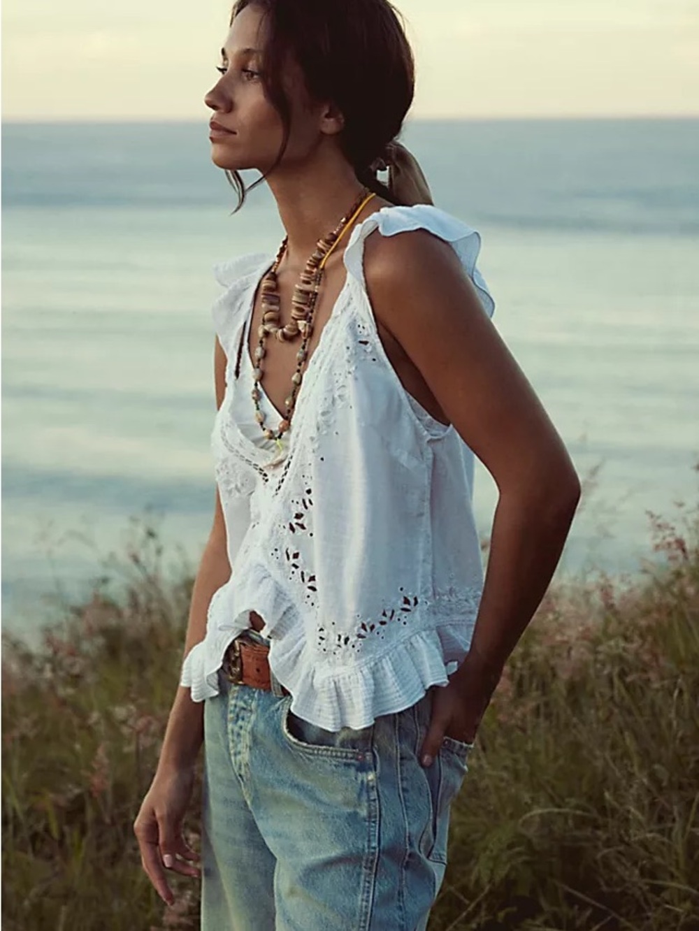 Free People Cassidy White Eyelet Ruffle Sleeveless Top - Women